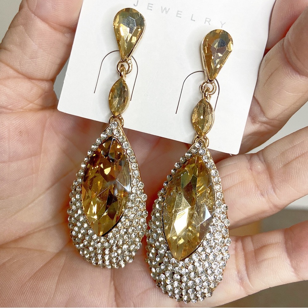 Champagne Crystal Drop Earrings with Rhinestone Accents  Bridal Formal Pageant - Picture 4 of 5